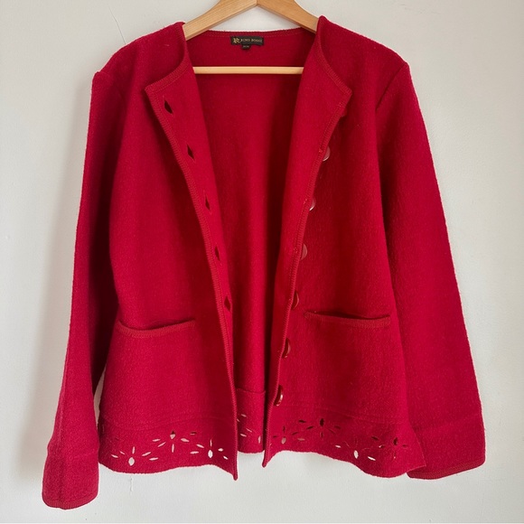 VINTAGE RINO ROSSI RED ROSE BOILED WOOL CUT OUT HEM CARDIGAN SWEATER JACKET M - Picture 8 of 8
